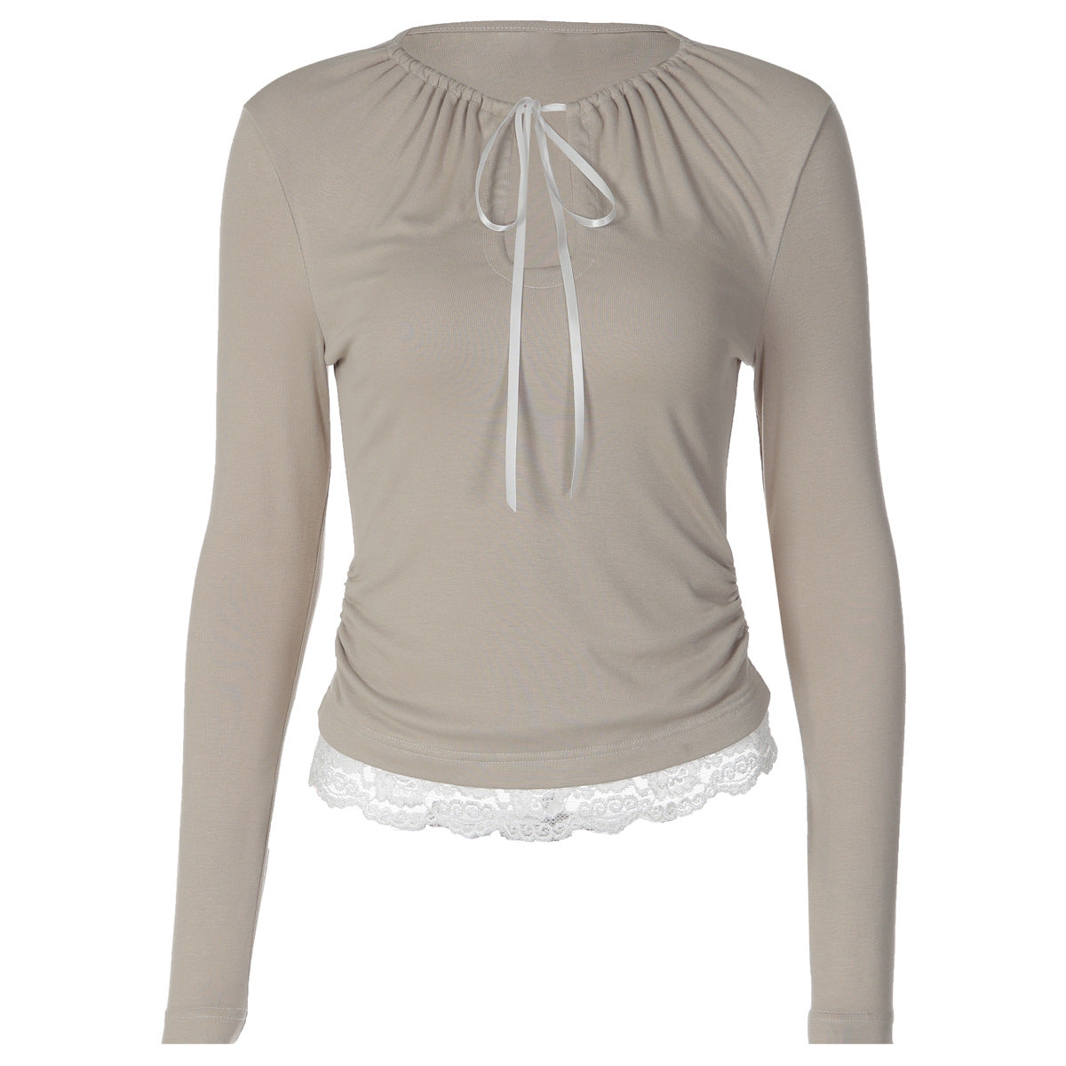 U Neck Lace up T shirt for Women Autumn Lace Long Sleeved Top Bottoming Shirt for Women