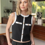 Women's Black White Contrast Color Knitwear Classic Spring Summer Sleeveless Vest High Grade Short Top