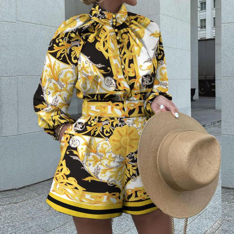 Autumn Winter Printed Long-Sleeved Top Shorts Suit Two-Piece Set