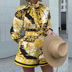 Autumn Winter Printed Long-Sleeved Top Shorts Suit Two-Piece Set