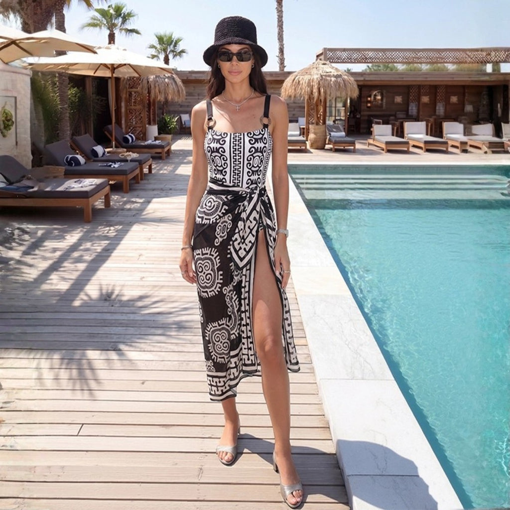Women's Black & White Printed Swimsuit Set with Wrap Skirt