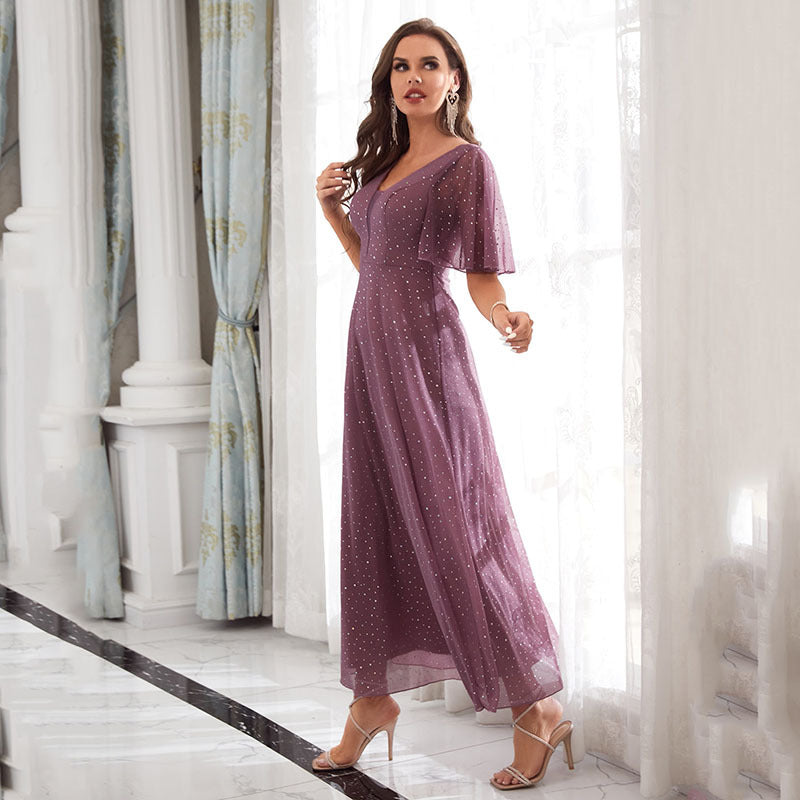 Women's V-Neck Ruffle Bridesmaid Evening Dress