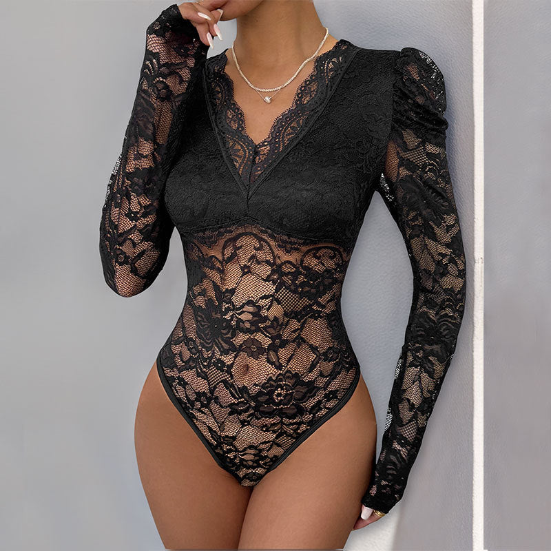 Solid Color Lace Long Sleeve Jumpsuit