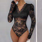 Solid Color Lace Long Sleeve Jumpsuit
