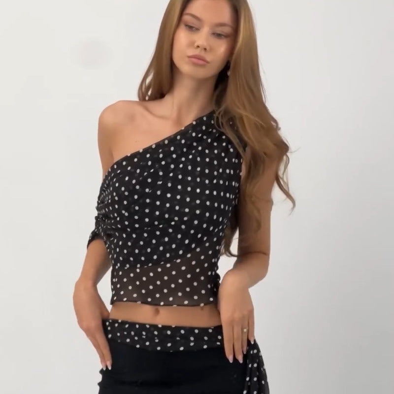 Women's Polka-Dot Chiffon Asymmetric Top