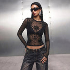 Dark Punk Embroidery Sexy See through round Collar Gauze T shirt Sexy Slim Fit Long Sleeve Top