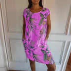 Summer Cotton Linen round Neck Printed with Pocket