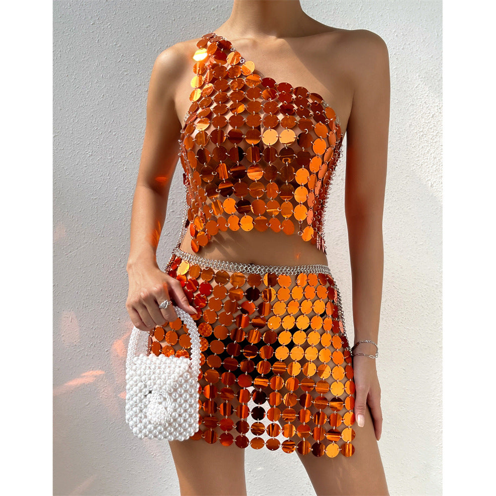 Women's Fishnet Rhinestone Halterneck With Suspenders Hollow Top