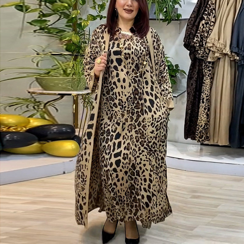 Leopard-Print Dress & Shawl Two-Piece Set