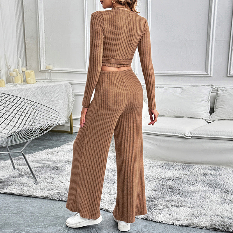 Clothing Autumn Winter Long-Sleeve Lace Up Set Solid Color Texture Basic All Matching Ladies Two-Piece Set