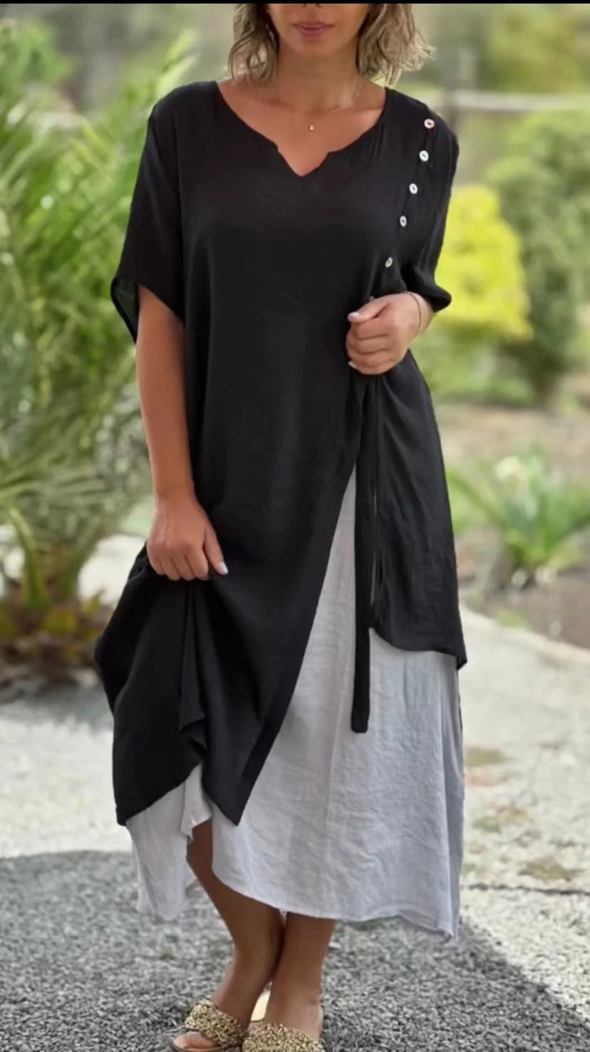 V neck Short Sleeve Faux Two Piece Asymmetric Dress Spring Summer