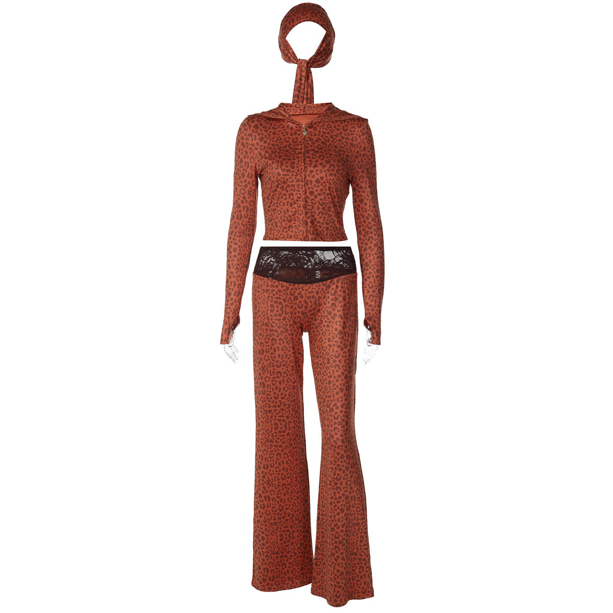 Leopard Print Hooded Headscarf Design Sweater Stitching Lace Long Bell Bottom Pants Sets