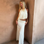 Summer Women Clothing Halter Backless Solid Color Vest Slim Sexy Split Maxi Skirt Set