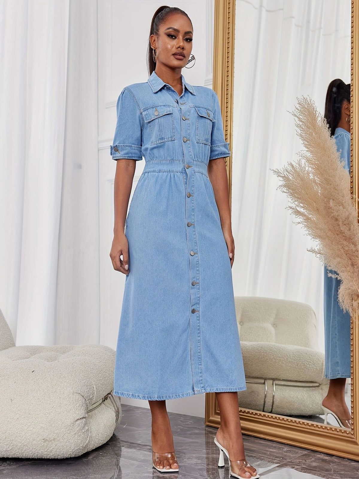 Button-Front Denim A-Line Dress
