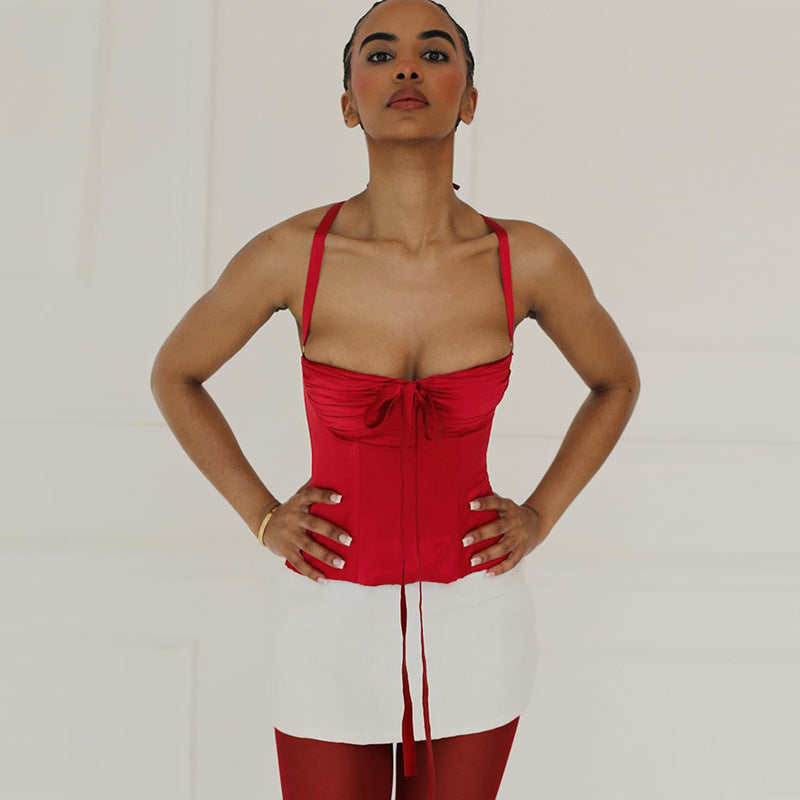 's Bow Lace Up Top Halter Cropped Tank Top