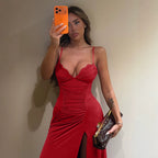 Red pleated summer dress with sweetheart neckline, lace trim, and high side slit