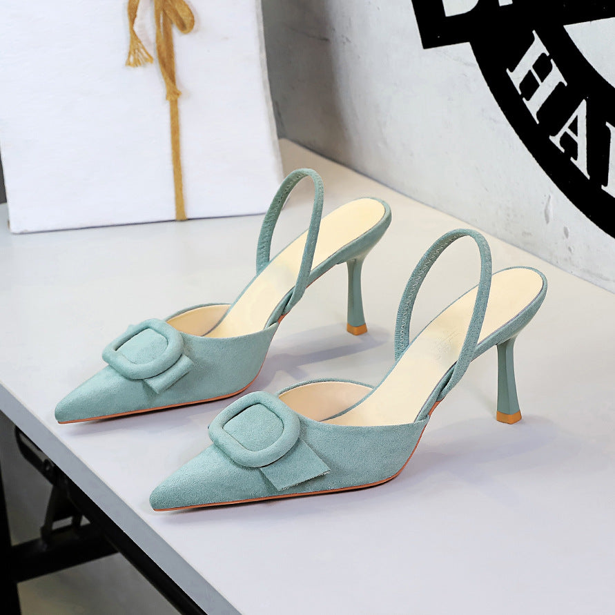 French Belt Buckle Decoration Pointed Toe Shallow Mouth Suede Stiletto Heel Back Empty Strap Women Shoes