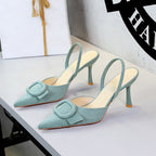 French Belt Buckle Decoration Pointed Toe Shallow Mouth Suede Stiletto Heel Back Empty Strap Women Shoes