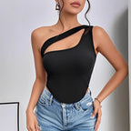 Slim Fit Short Irregular Asymmetric Shoulder High Grade Vest T-Shirt