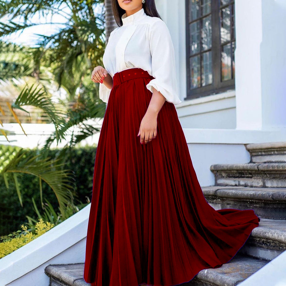 Women's Matching Belt Elegant Pleated Personality Large Skirt