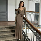 Solid Color Long Sleeve Dress Autumn Winter Elegant V-Neck Slim Hip Knitwear