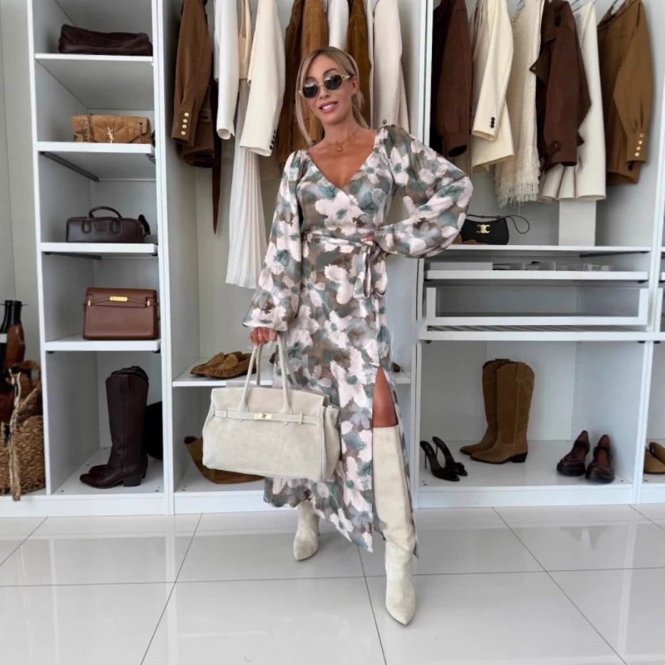Winter Printed Hem Slit Long-Sleeve Dress