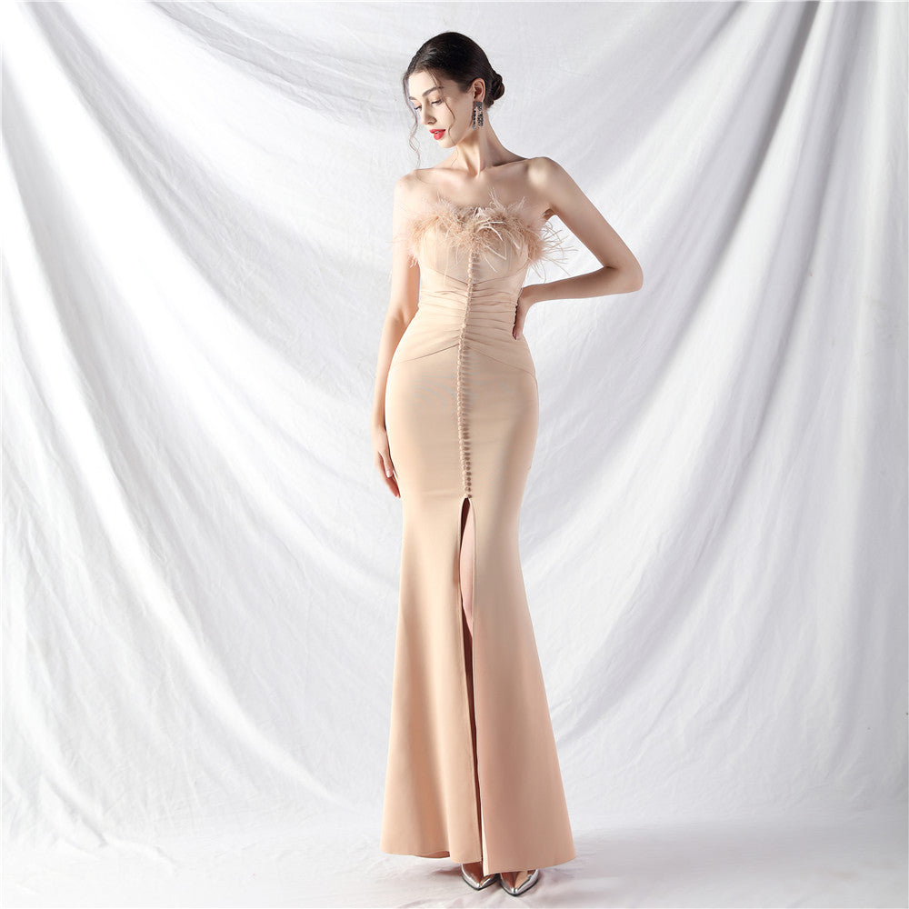 Women's Art Bag Buckle Hand Ordered Ostrich Feather Satin Long Evening Dress