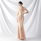 Women's Art Bag Buckle Hand Ordered Ostrich Feather Satin Long Evening Dress