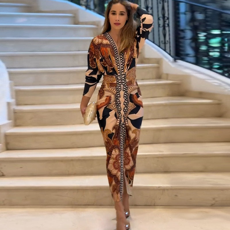 Wear Short Sleeve V-Neck Slim Print Dress