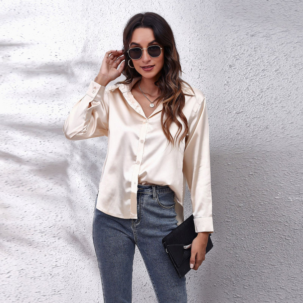 Women's Satin Button-Front Shirt – Long-Sleeve Blouse