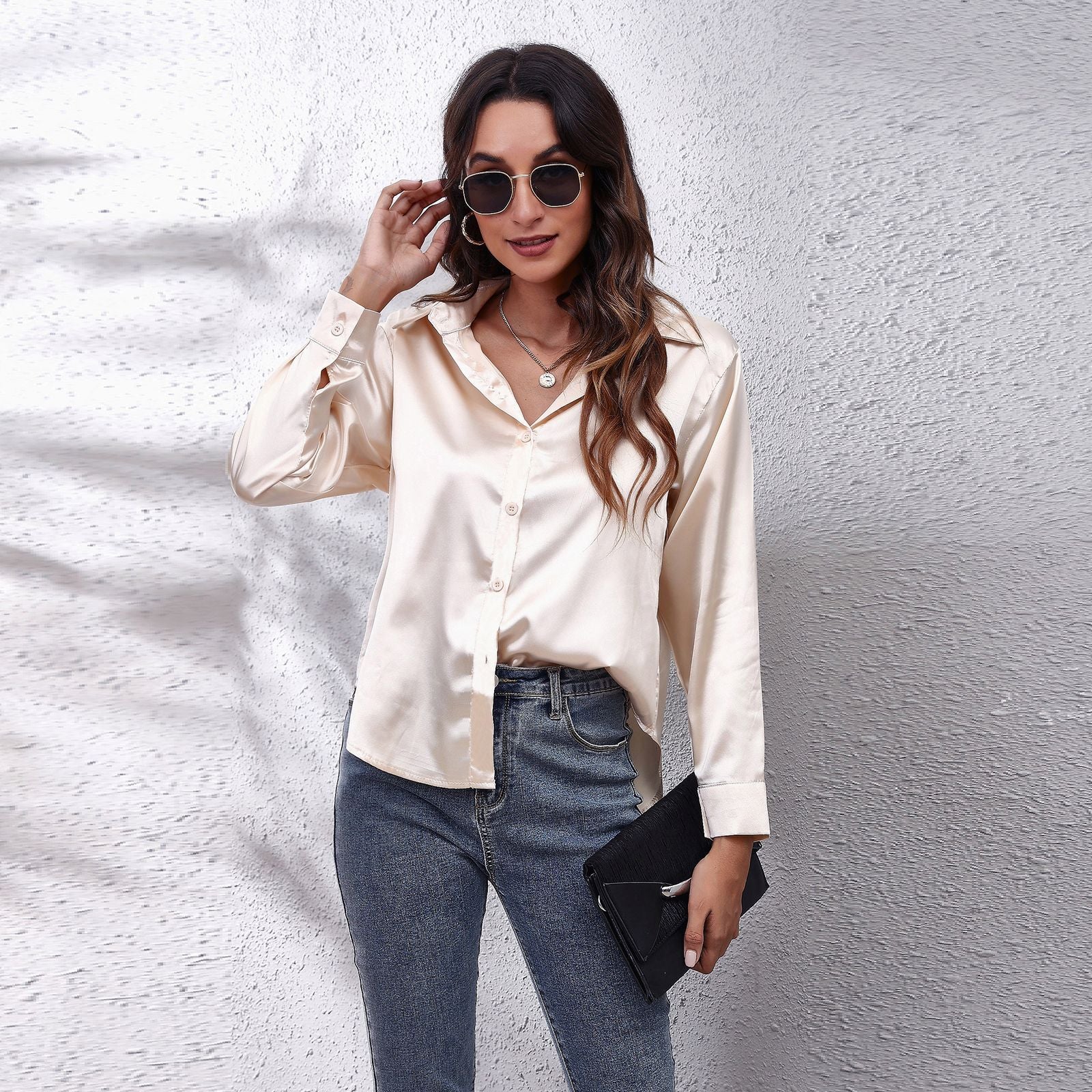 Women's Satin Button-Front Shirt – Long-Sleeve Blouse