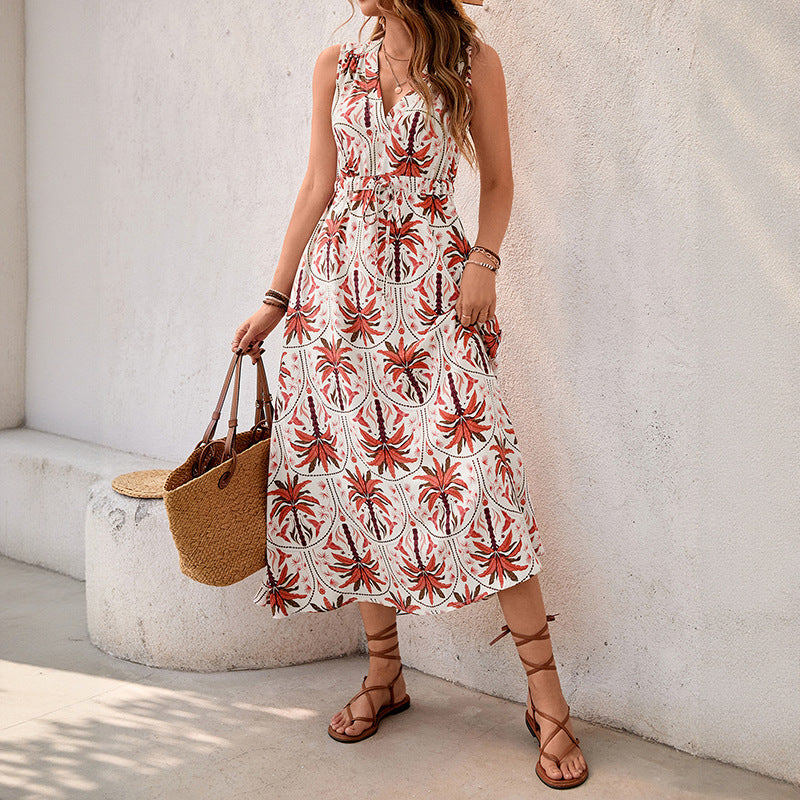 Plant Print Sleeveless V-Neck Dress Summer
