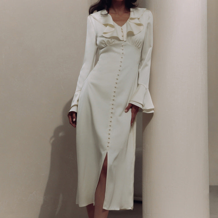 Ruffled V-Neck Bell-Sleeve Dress