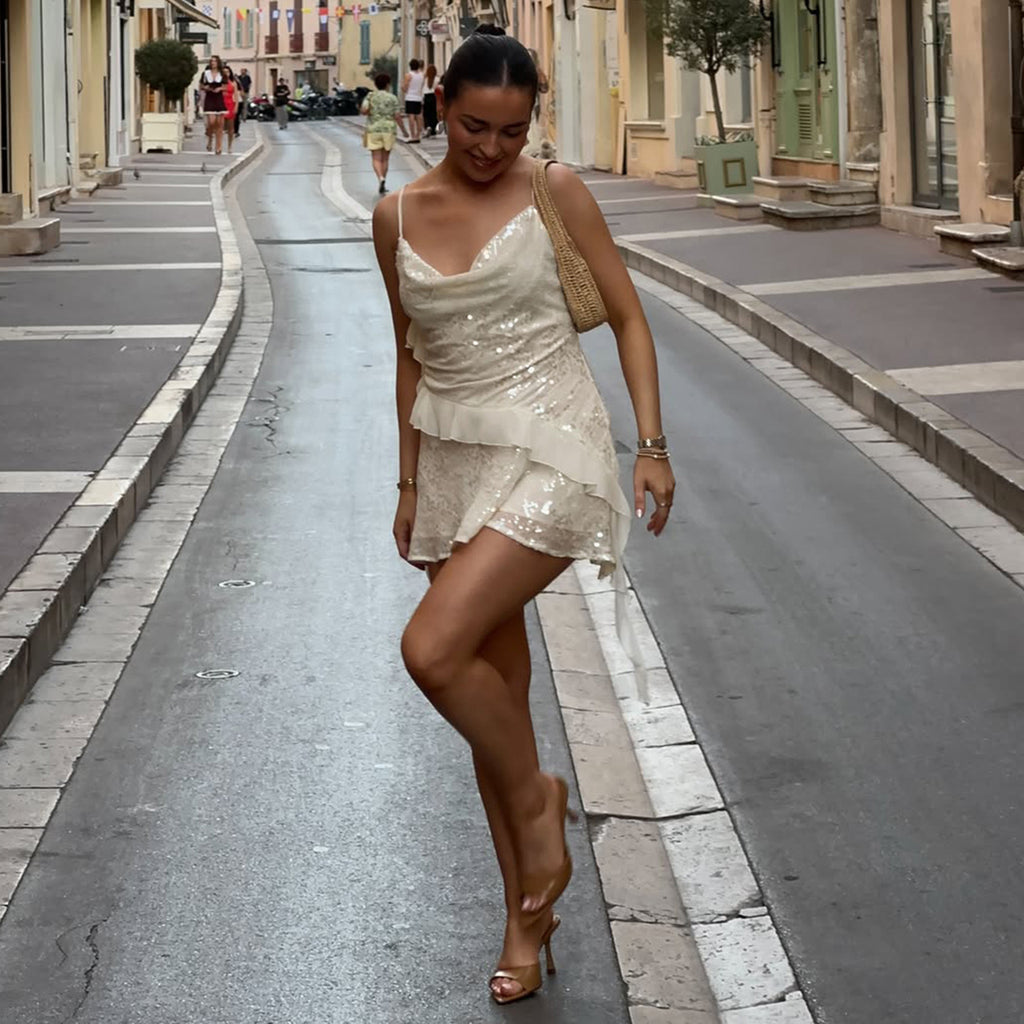 Sequin Cowl-Neck Asymmetric Ruffle A-Line Mini Dress