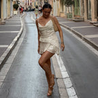 Sequin Cowl-Neck Asymmetric Ruffle A-Line Mini Dress