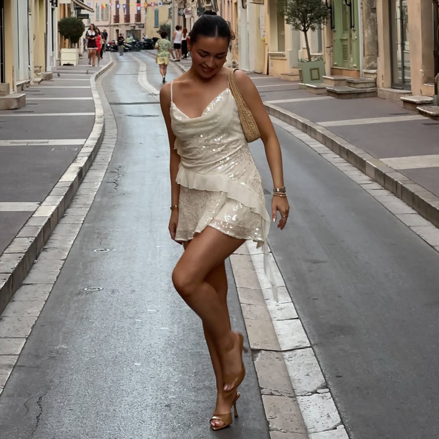 Sequin Cowl-Neck Asymmetric Ruffle A-Line Mini Dress