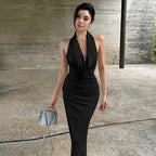 Women's Backless Pleated Halter Maxi Dress