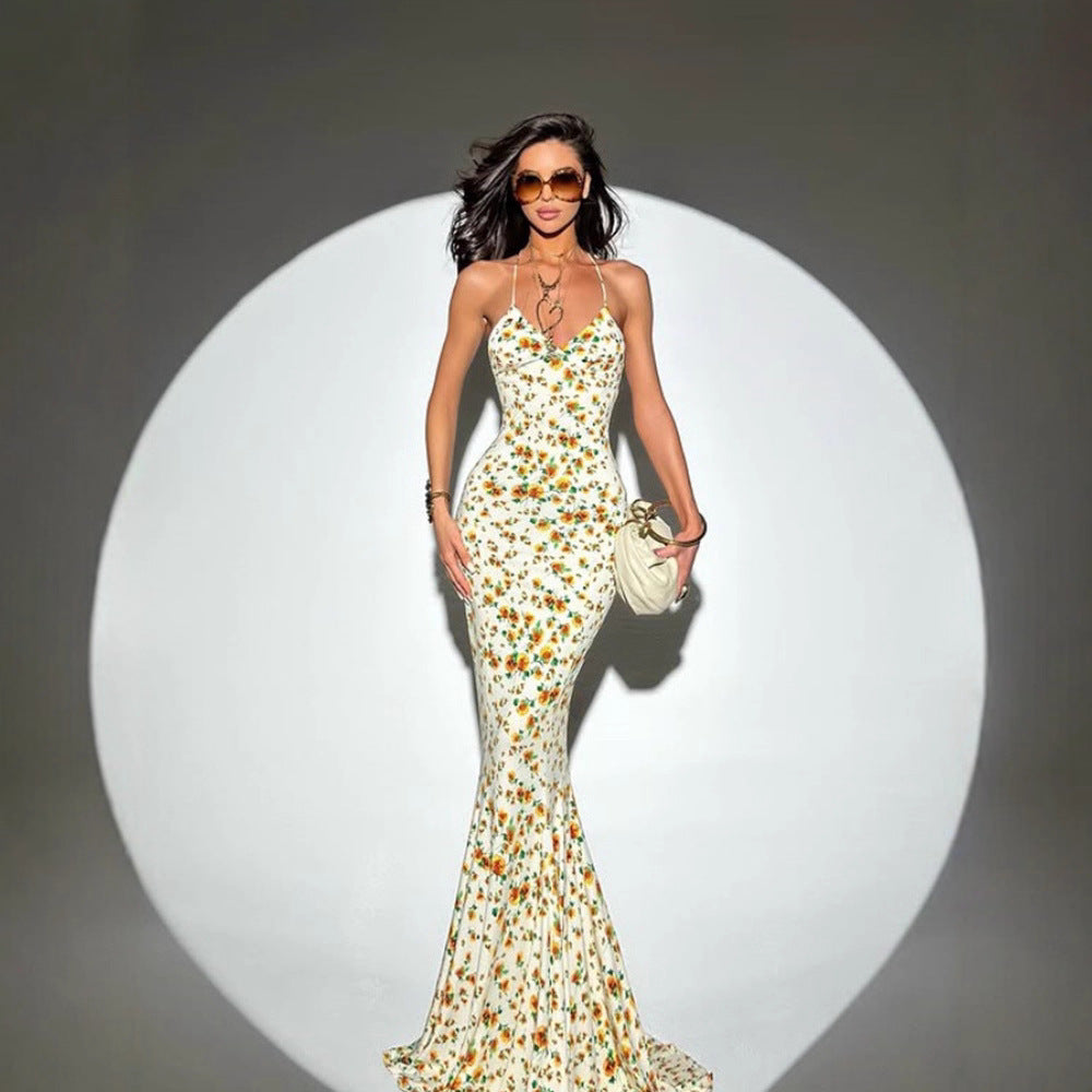 Floral Strap Deep-V Vacation Dress