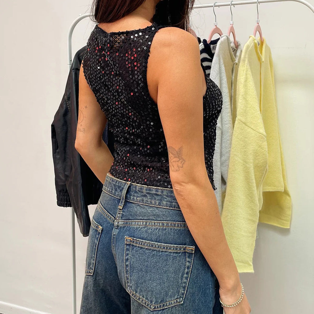 Sequined Sleeveless Cropped Party Top