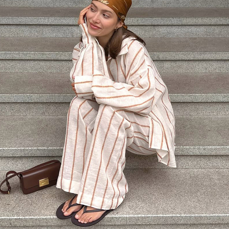 Women's Striped Polo Shirt & Wide-Leg Pants Set