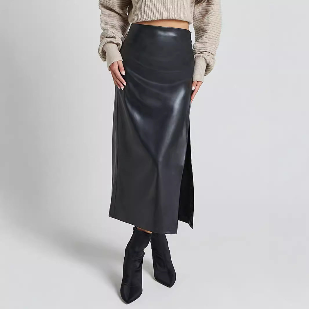 Faux Leather Split High Waist Zipper Slim Skirt