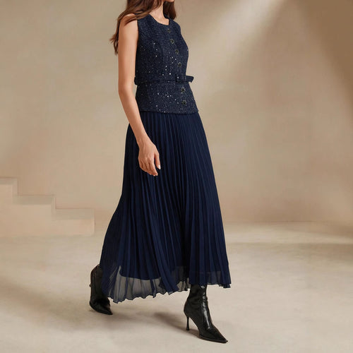 Spring Summer Women Clothing Woolen Stitching Vest Pleated Dress