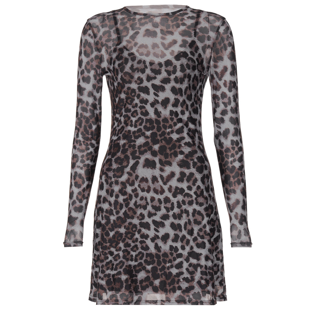 Autumn Leopard Print Printed Mesh See Through Dress