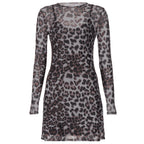 Autumn Leopard Print Printed Mesh See Through Dress