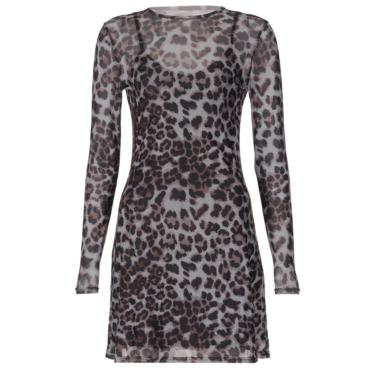 Autumn Leopard Print Printed Mesh See Through Dress