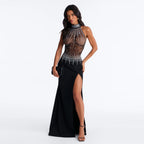Women's sleeveless dress, black halter with sparkling beadwork and side slit.