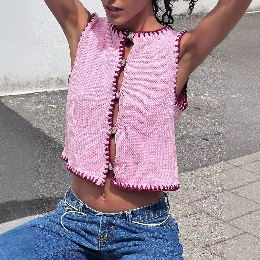 Women's Contrast Color Ultra Short Woolen Vest Embroidered Vest Top Women