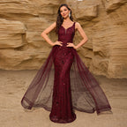 Women's Sequin Stitching Mesh V neck U Back Party Mermaid Dress