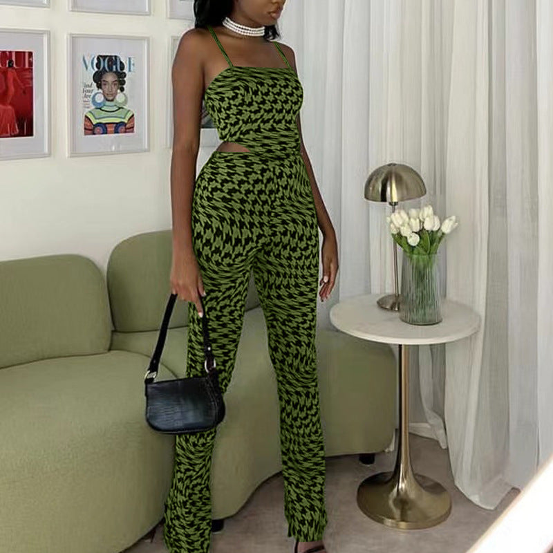 Suit Green Printing Vest Wide Leg Pants Casual Two-Piece Set