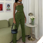 Suit Green Printing Vest Wide Leg Pants Casual Two-Piece Set
